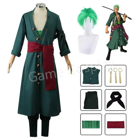 Anime Figures Roronoa Zoro Cosplay Costume Uniform Green Coat Pants Head Scarf Roronoa Zoro Wig Earrings Halloween Men Clothes