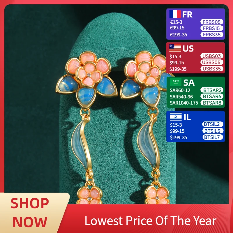 

Vintage Natural Stone Pink Flower Earrings Drop Blue Glass Charm Luxury Designer Jewelry Accessories For Woman 2025 Trending
