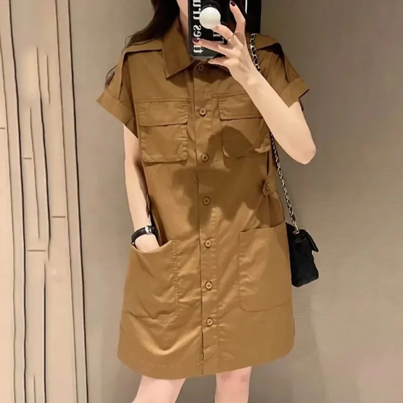 Retro Frock Dress Coat Female Summer Plus Size 4XL Loose Short Sleeves  Dress Single-Breasted Pocket Vestidos Tops Female