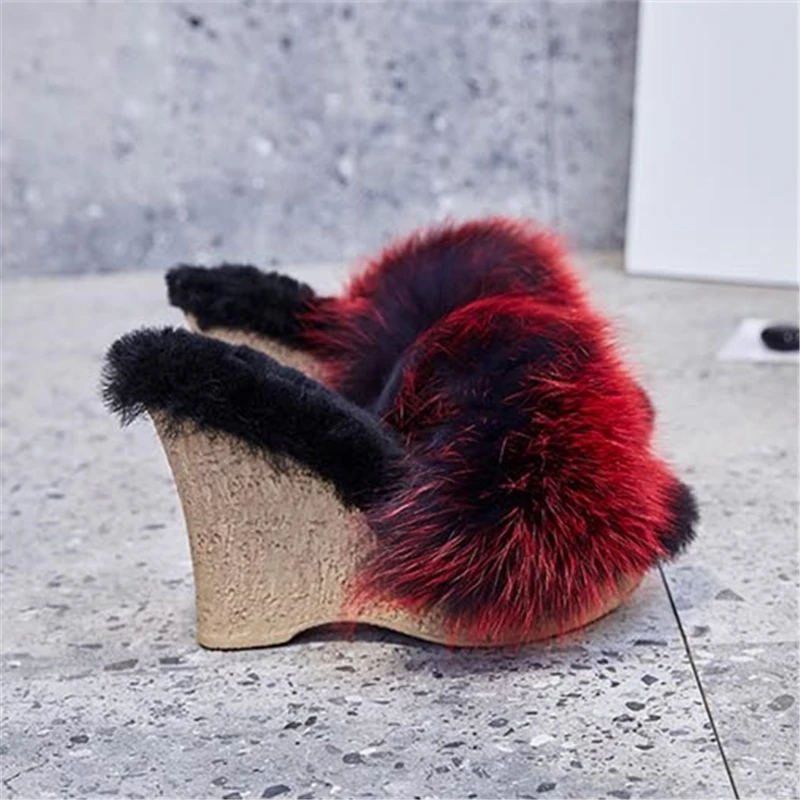 Fashion Red Fox Fur Women Platform Pumps Thick Sole Wedge Slippers Winter Warm Plush Mules 11CM High Heels Peep Toe Slides