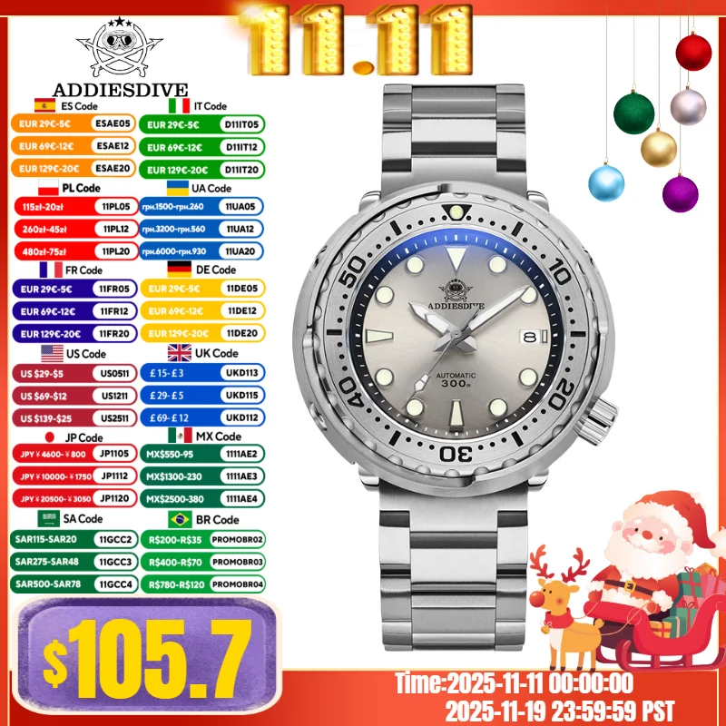 

ADDIESDIVE Men's Diving Watch Synthetic Sapphire Tuna Watch 30Bar Waterproof BGW9 Luminous Complete Calendar Automatic Watches