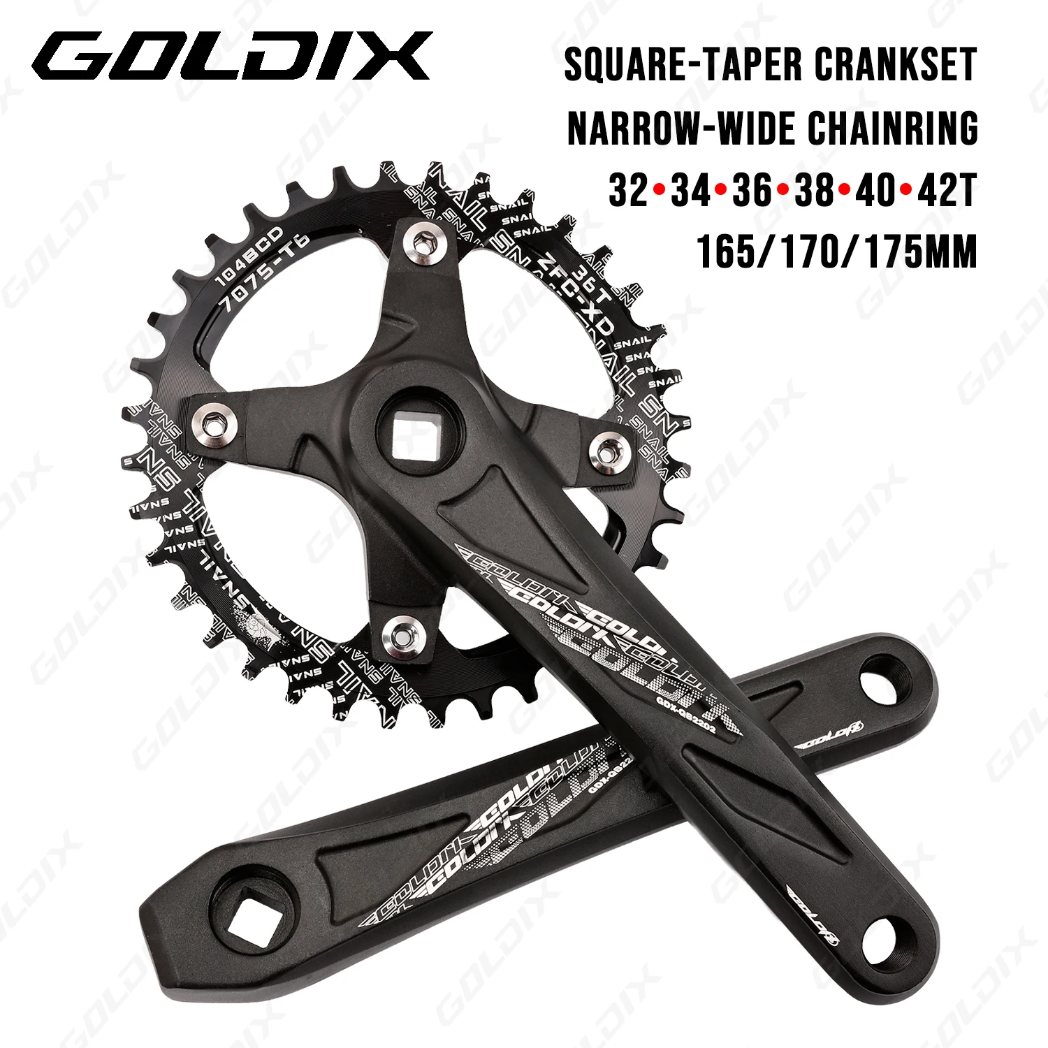 GOLDIX Square Hole Bicycle Crankset Aluminum Alloy Material Forging 165/170/175mm Length Crank 104BCD Narrow Wide Teeth Chainrin