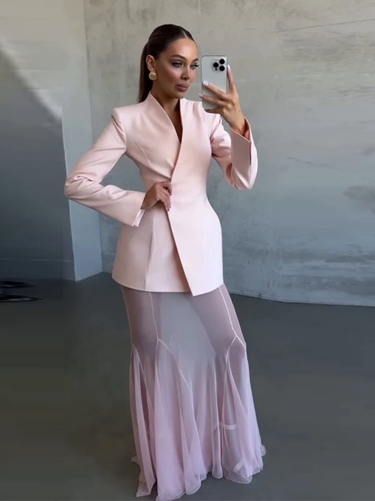 Winter Women Skirts Two Piece Set Sexy Pink V Neck Long Sleeves Blazer + See Through Mesh Patchwork Skirts Suits Party Lady Set