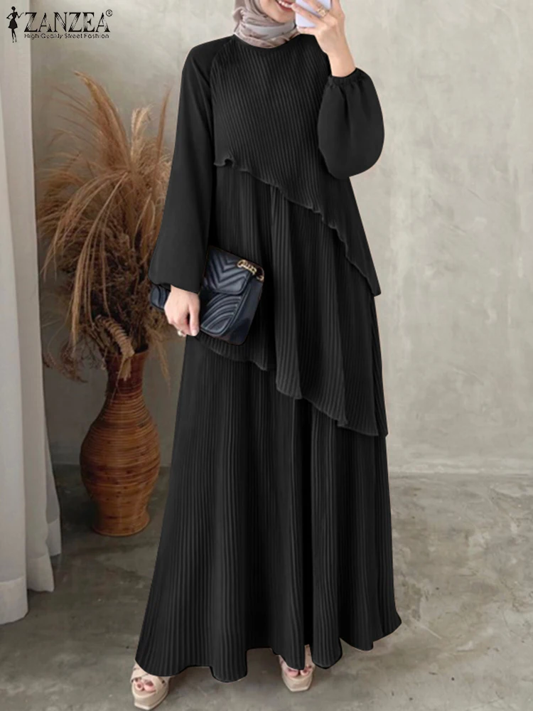 ZANZEA Muslim Fashion Patchwork Abaya Robes Women Lantern Sleeve Plisse Layered Maxi Dress Islamic Hijab Elegant Pleated Dress