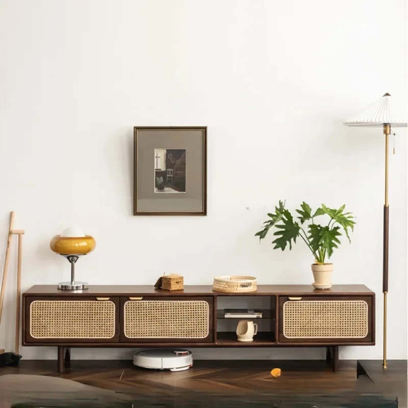 

Rattan black walnut TV cabinet living room Japanese locker medieval style furniture