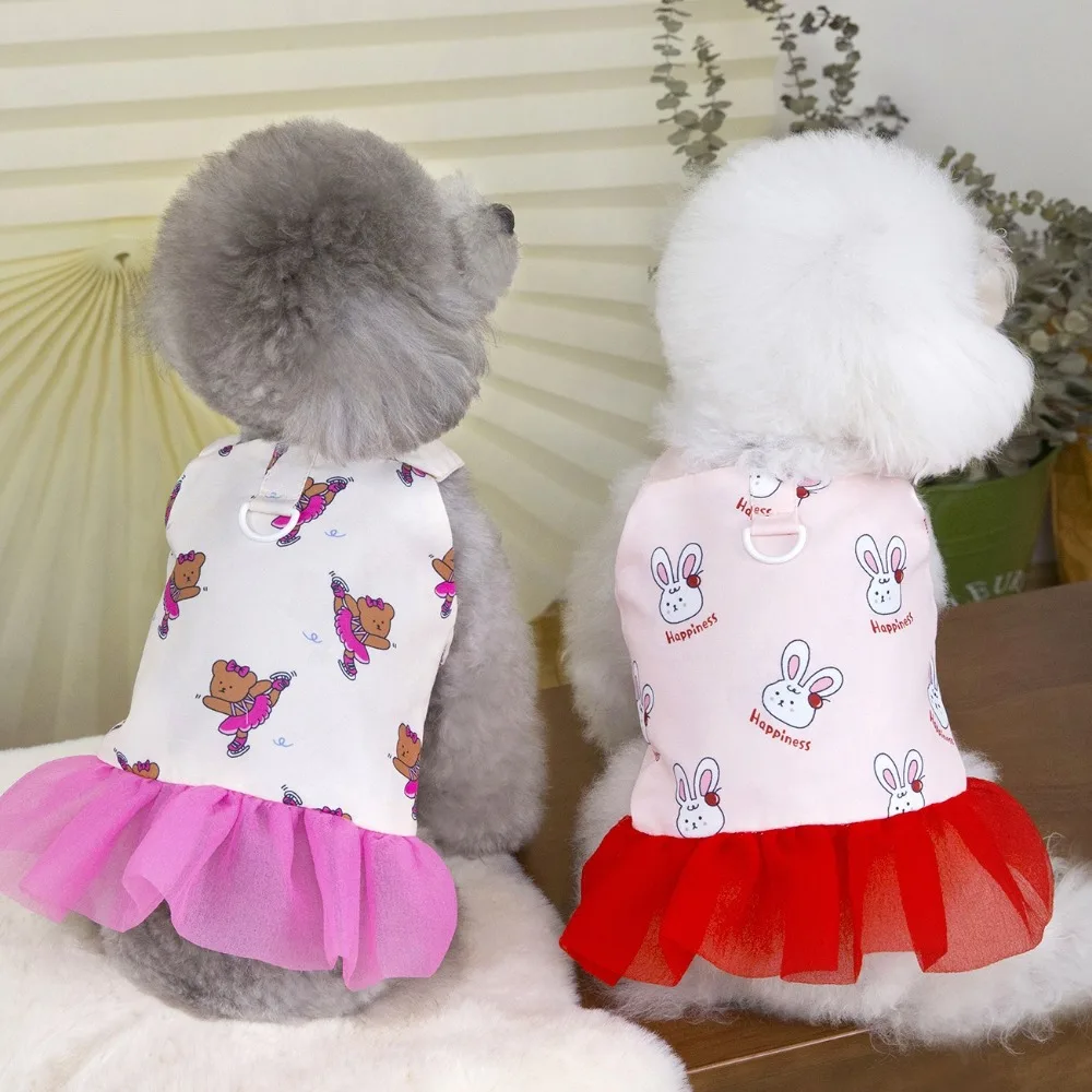

Cute Pet Halter Mesh Dress Soft Comfortable Dog Princess Skirt Rabbit Bear Print Breathable Pet Clothes Spring Summer