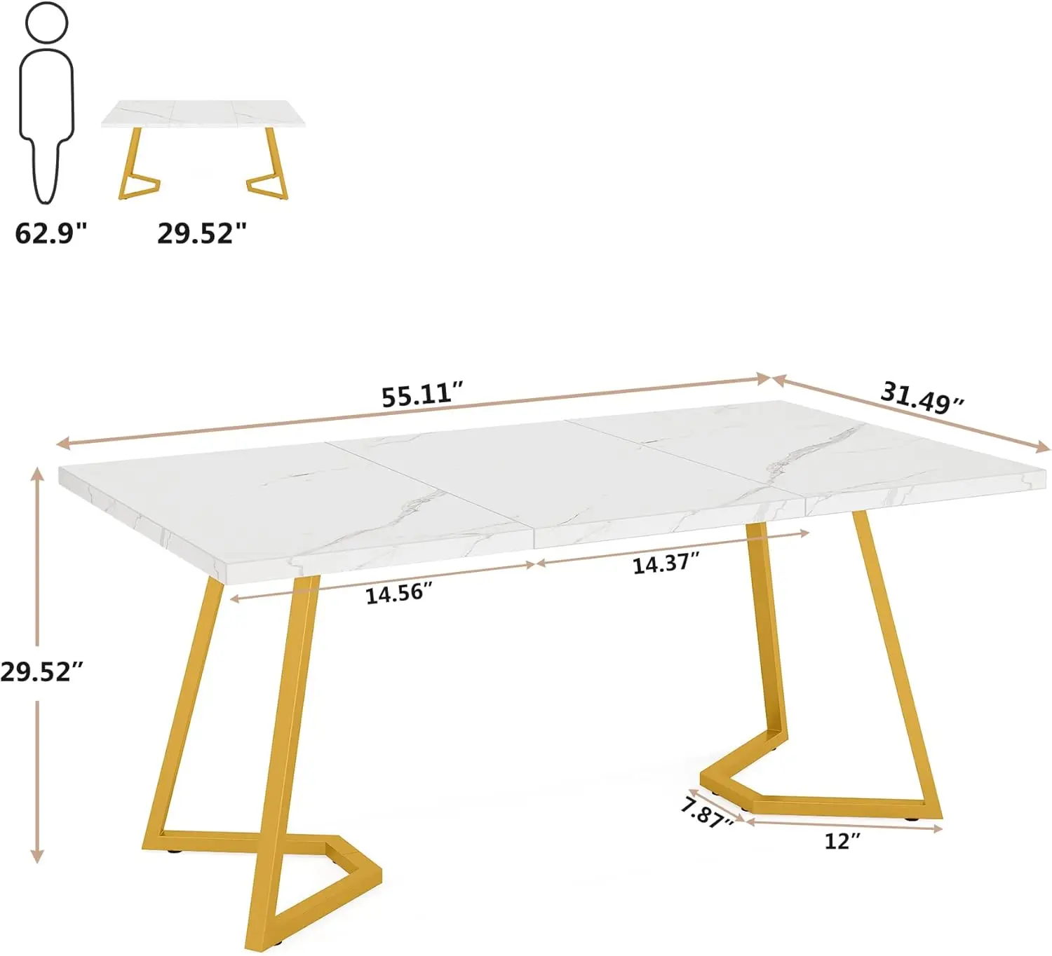 Gold Dining Dinner Table: 55 Inches Modern White Dining Room Table with Golden Legs, Faux Marble Small Kitchen Table for 6, Rect