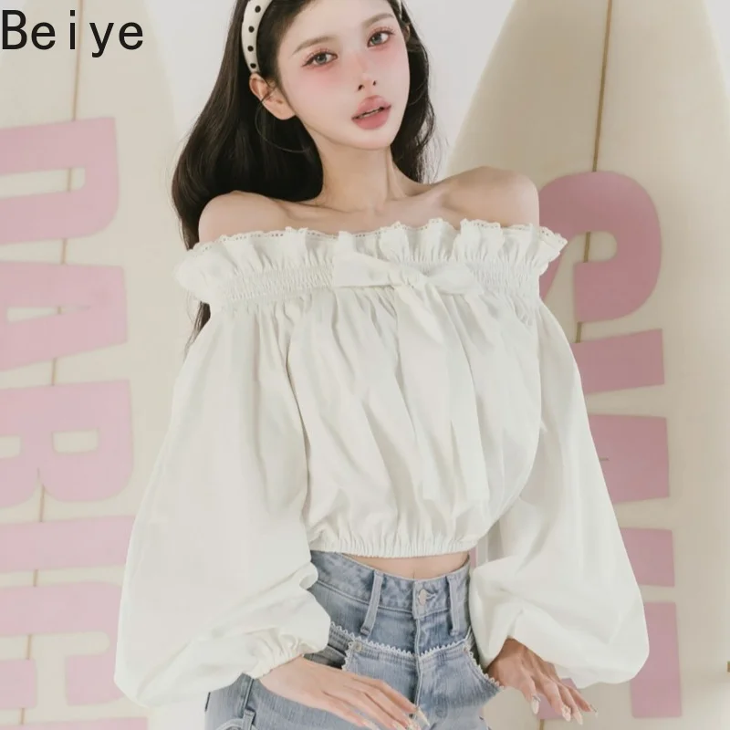 Spring Summer Off Shoulder Bow Shirt Top Female Japanese Style Sweet and Cute Blouses Women's Black White Slimming Shirts