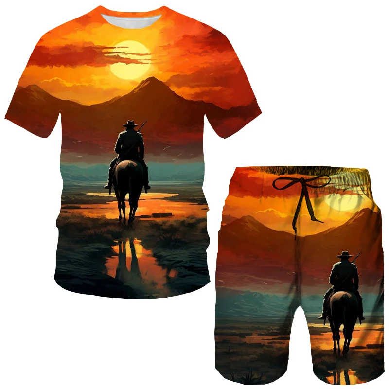 Summer Cowboys Horses 3D Print T-Shirts Shorts Sets Men's Tracksuits Oversized Short Sleeve T Shirt Pants Set Man Suits Clothing