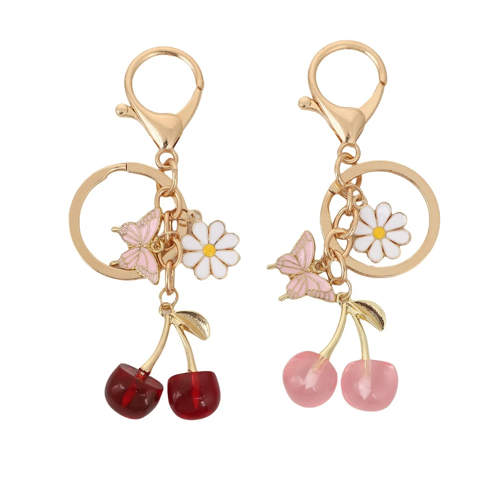 Delicious Crystal Red Pink Cherry Keychain Summer Fruits Cherries Pendant Keyring For Women Men Jewelry Bag Key Accessories Gift
