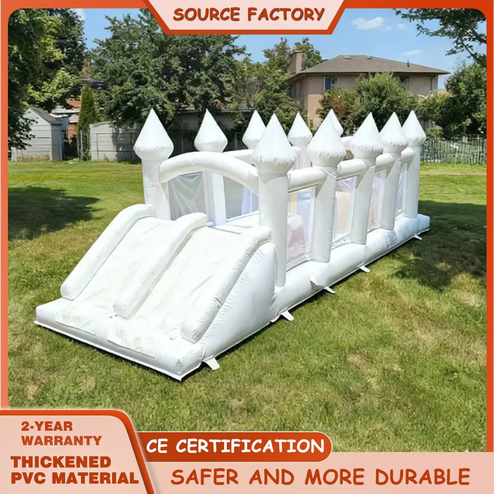 

White Inflatable Obstacle Course With Slide Nd Ball Pit, Wedding - Themed Inflatable Bouncer For Kids, Bouncy Castle Playhouse