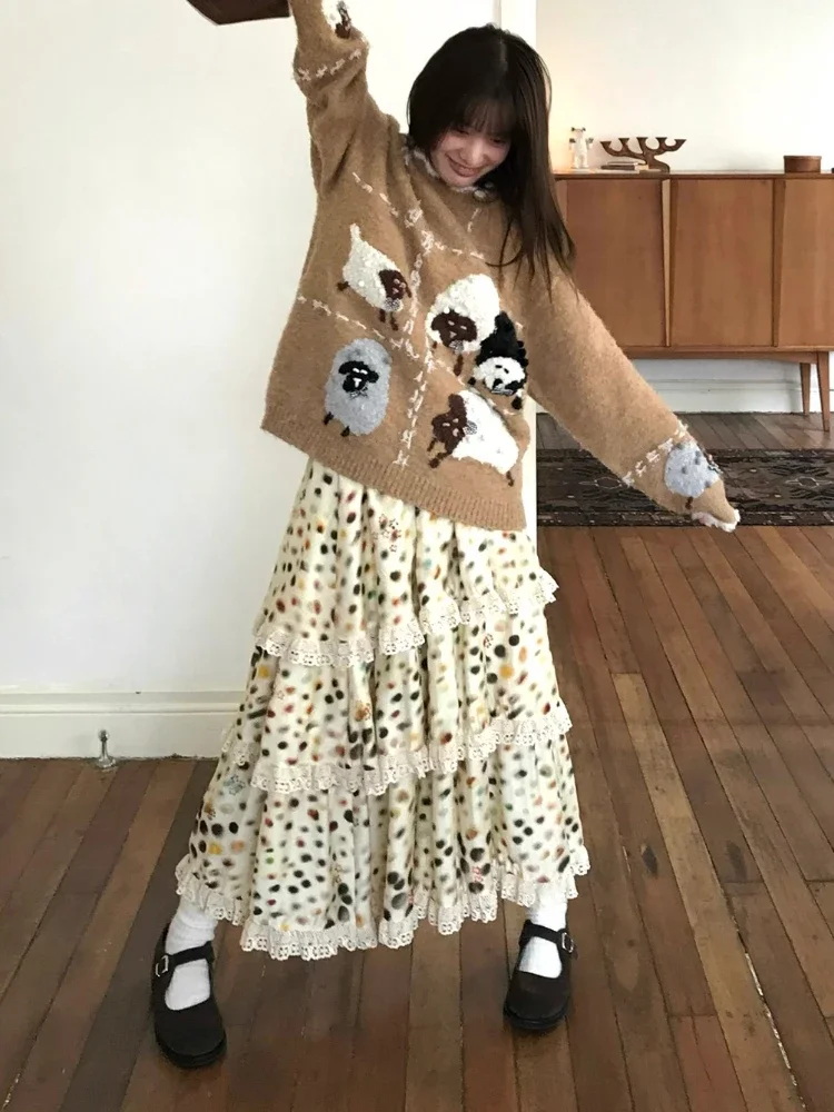 

Japanese Sweet Beige Polka Dot Cake Skirt with Lace, Heavy-duty, Medium To Long, Versatile, Retro Autumn and Winter