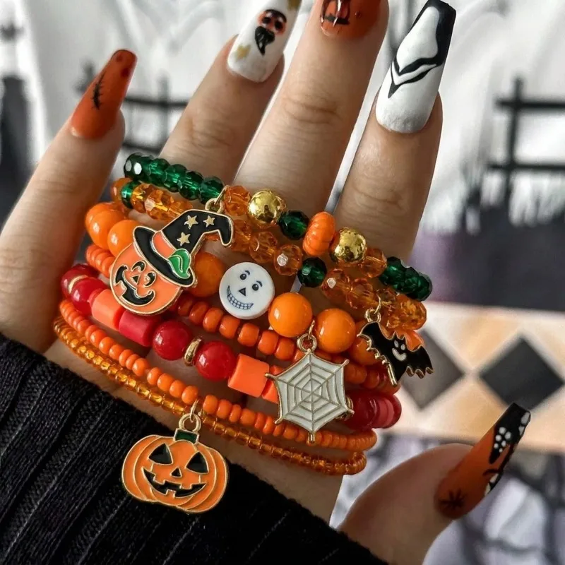 Halloween Multilayer Beaded Stackable Bracelets Set, Gothic Charm