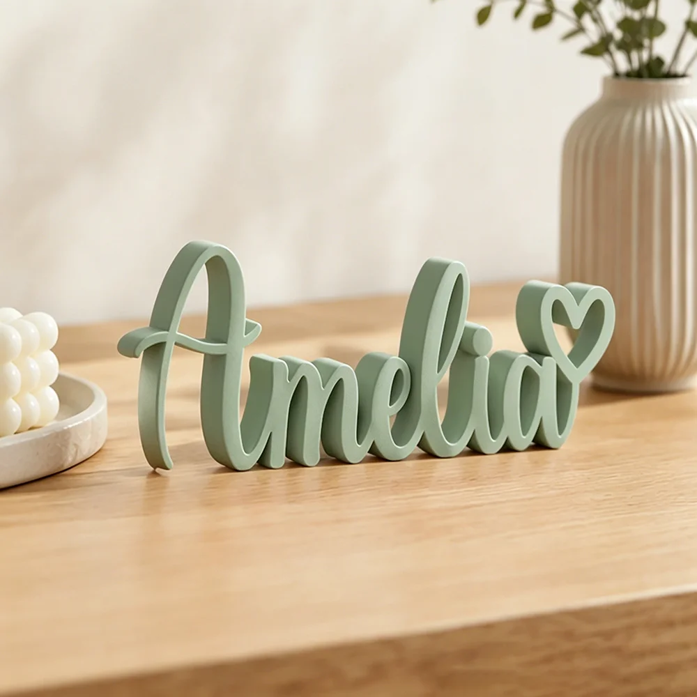1pc Custom Heart Shape PVC Wooden Name Plaque, Bedroom Room Table Decor,Ornament for Nursery Baptism Wedding Anniversary Gift