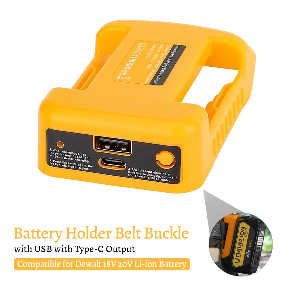

Battery Holder Belt Buckle with USB with Type-C Output for Dewalt 18V 20V Li-ion Battery Portable Battery Rack Fast Charging