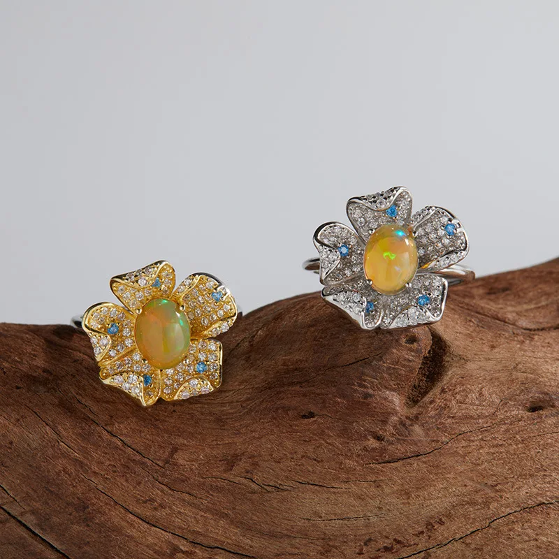 

European and American Cross-Border Live Streaming Hot ItemS925Sterling Silver Inlaid Natural Opal Gemstone Ring for Women Fashio