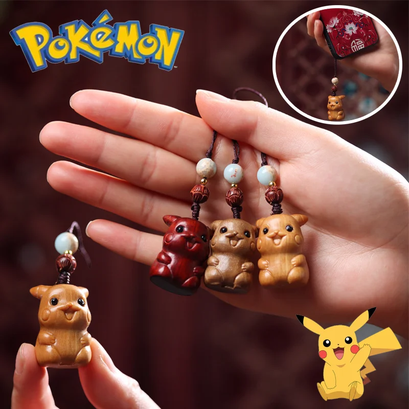 Pokemon Pikachu Keychain Sandalwood Wooden Cute Mobile Phone Chain Cartoon Creative Pendant Couple Car Keyring Jewelry Gift