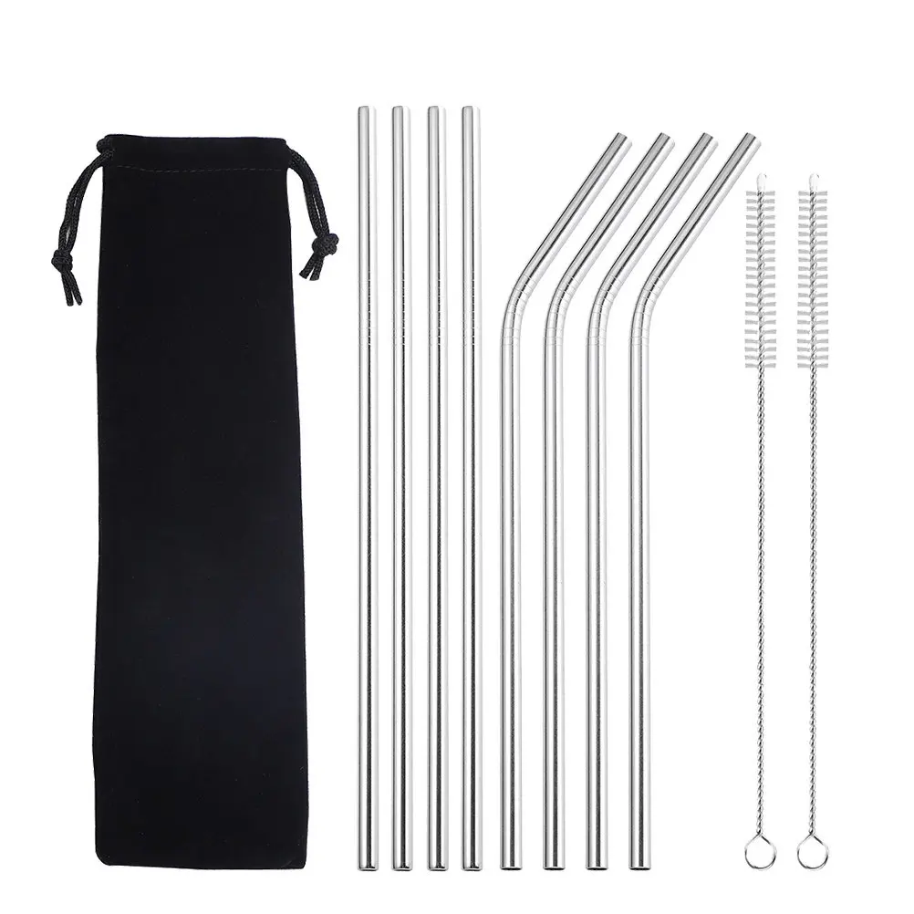 1Set Stainless Steel Reusable Straw Set 8 Silver Straws 2 Brushes Black Bag Portable Drinking Straws Travel Outdoor Barbecue
