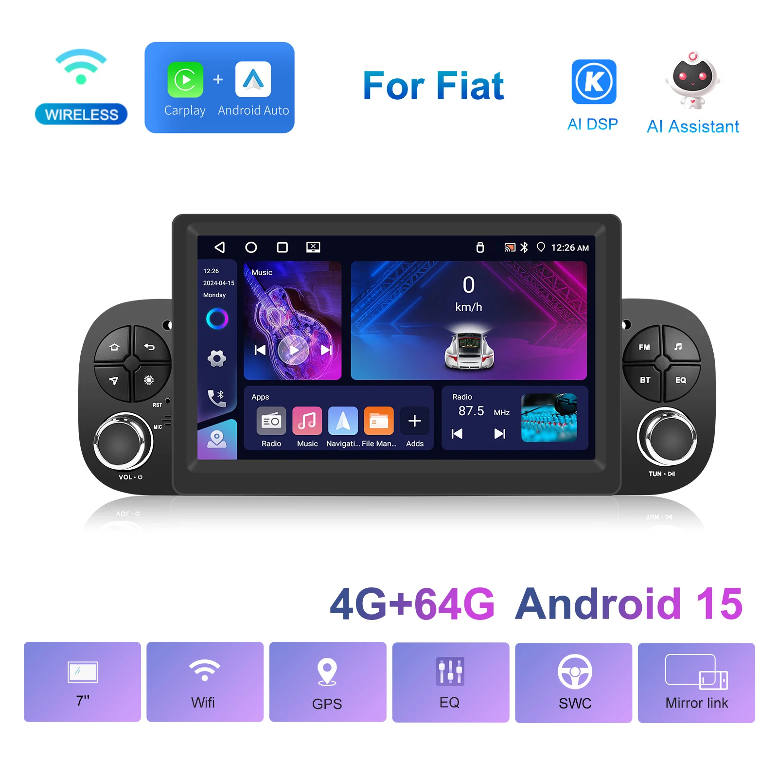 Podofo 7 Zoll Autoradio 2 DIN 4+64G Android Auto-Multimedia-Player für Fiat Panda 2013-2020 Kabelloses Carplay Auto-Audio Android Auto MirrorLink 4G GPS WIFI – Detail 7