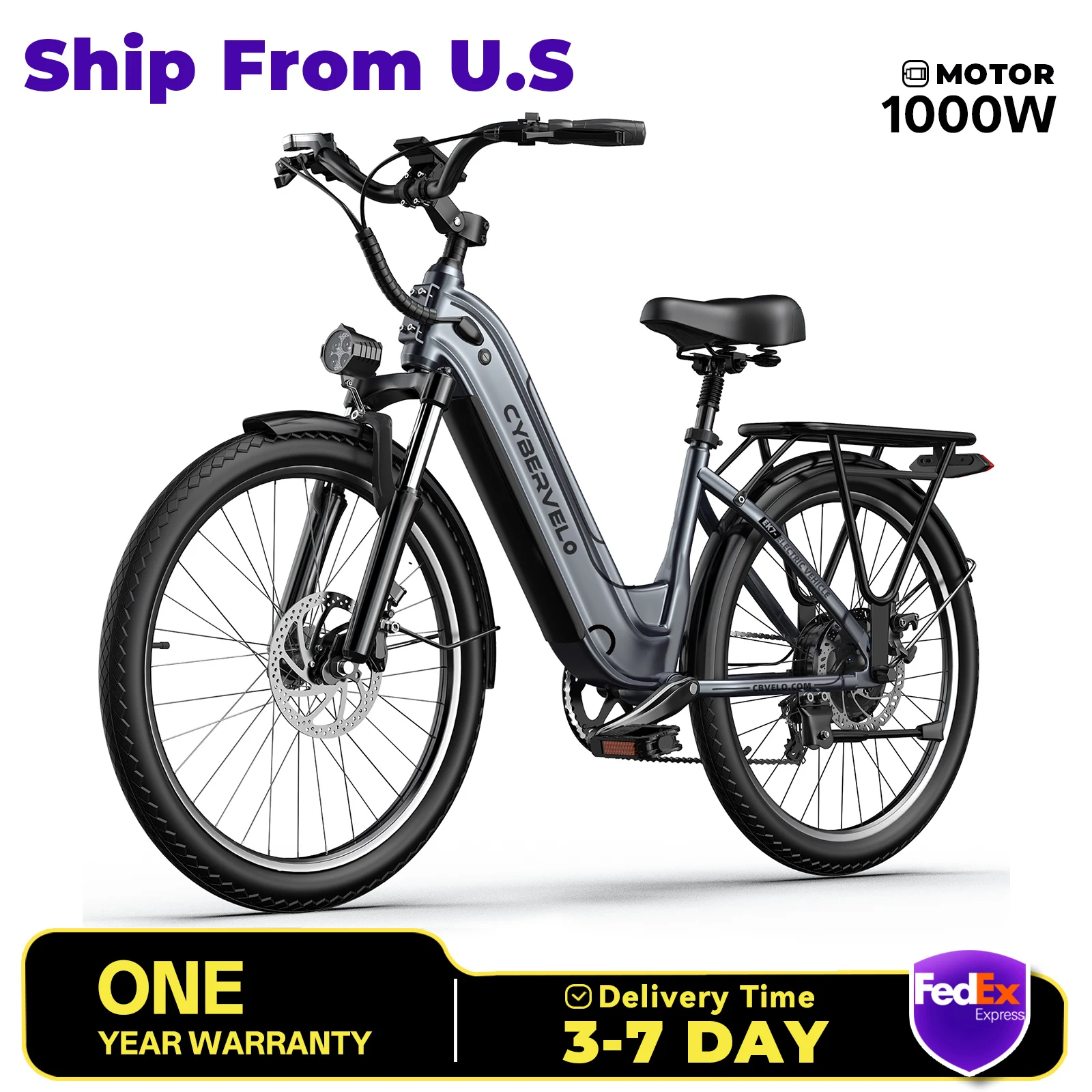 

Cybervelo EK7 1000W Peak Motor, 48V 25Ah Detachable Battery, 7-Speed shift E-Bike, 26" Long range Adults Electric bike Coummuter