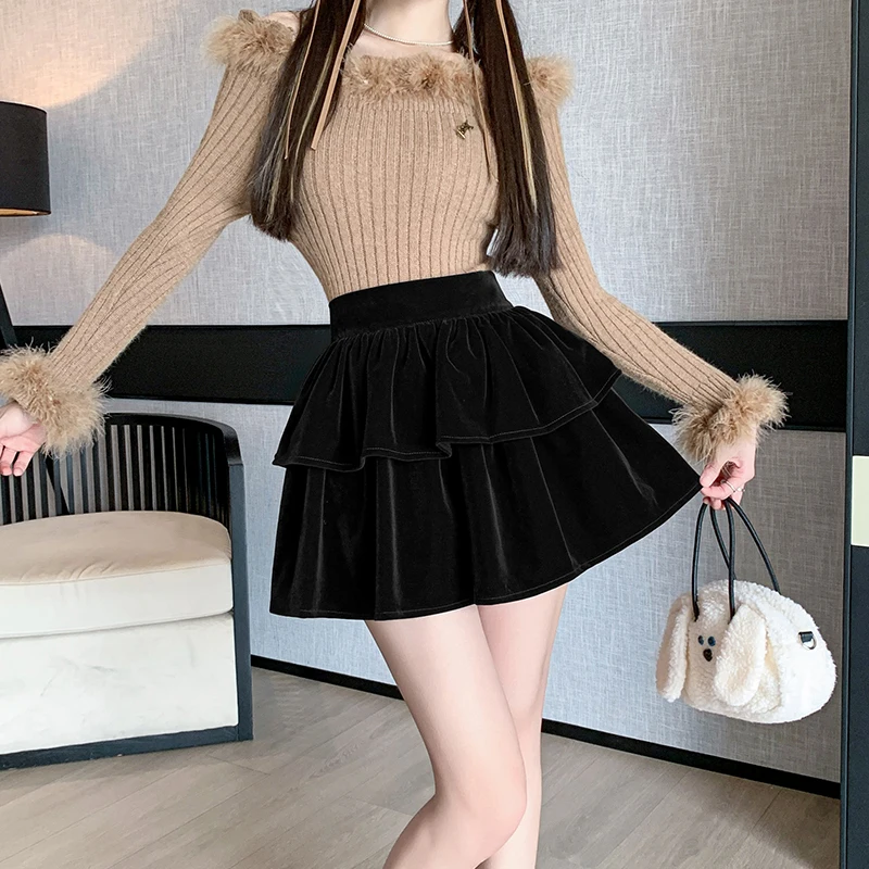 Herbst Winter goldenen Samt Kuchen Rock für Frauen hohe Taille lässig Doppels chicht niedlichen Velours kurze Röcke Mädchen