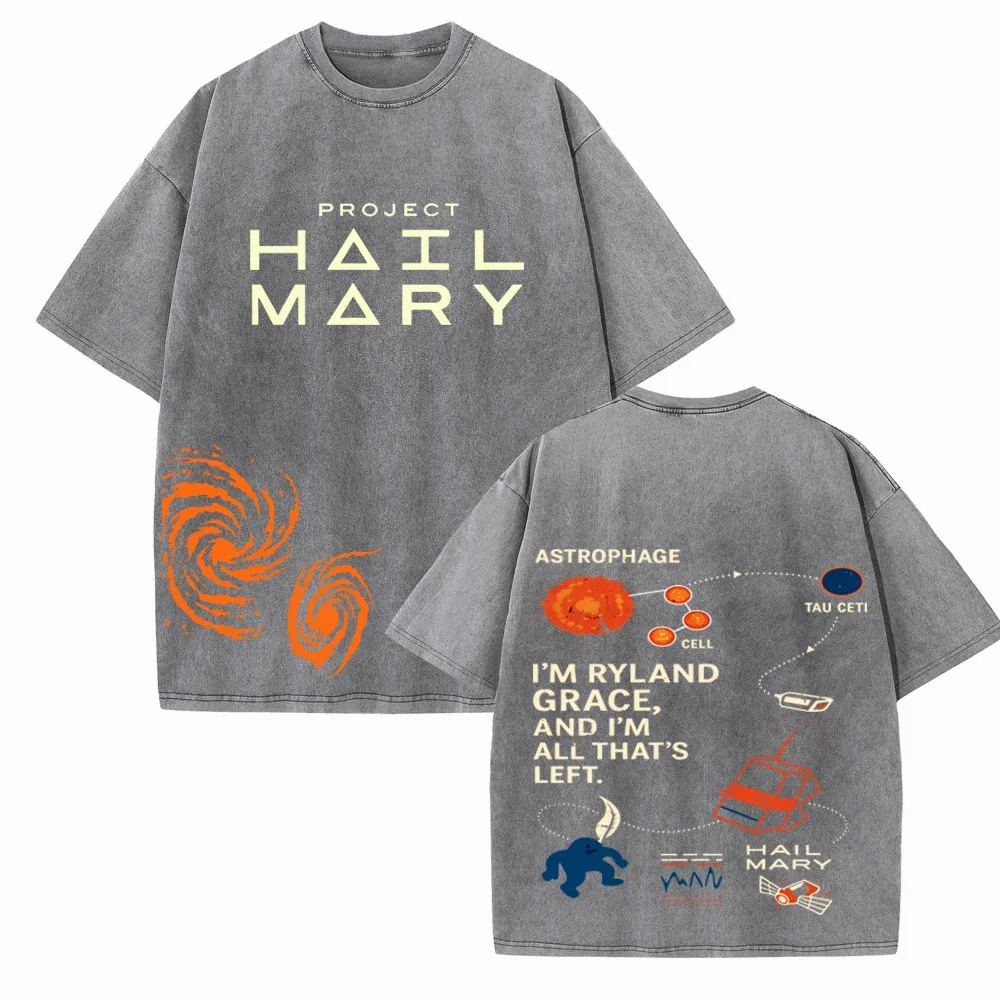 Vintage Wash Project-Hail-Mary Rocky Cotton T-shirt Vintage Summer O-Neck Short Sleeve