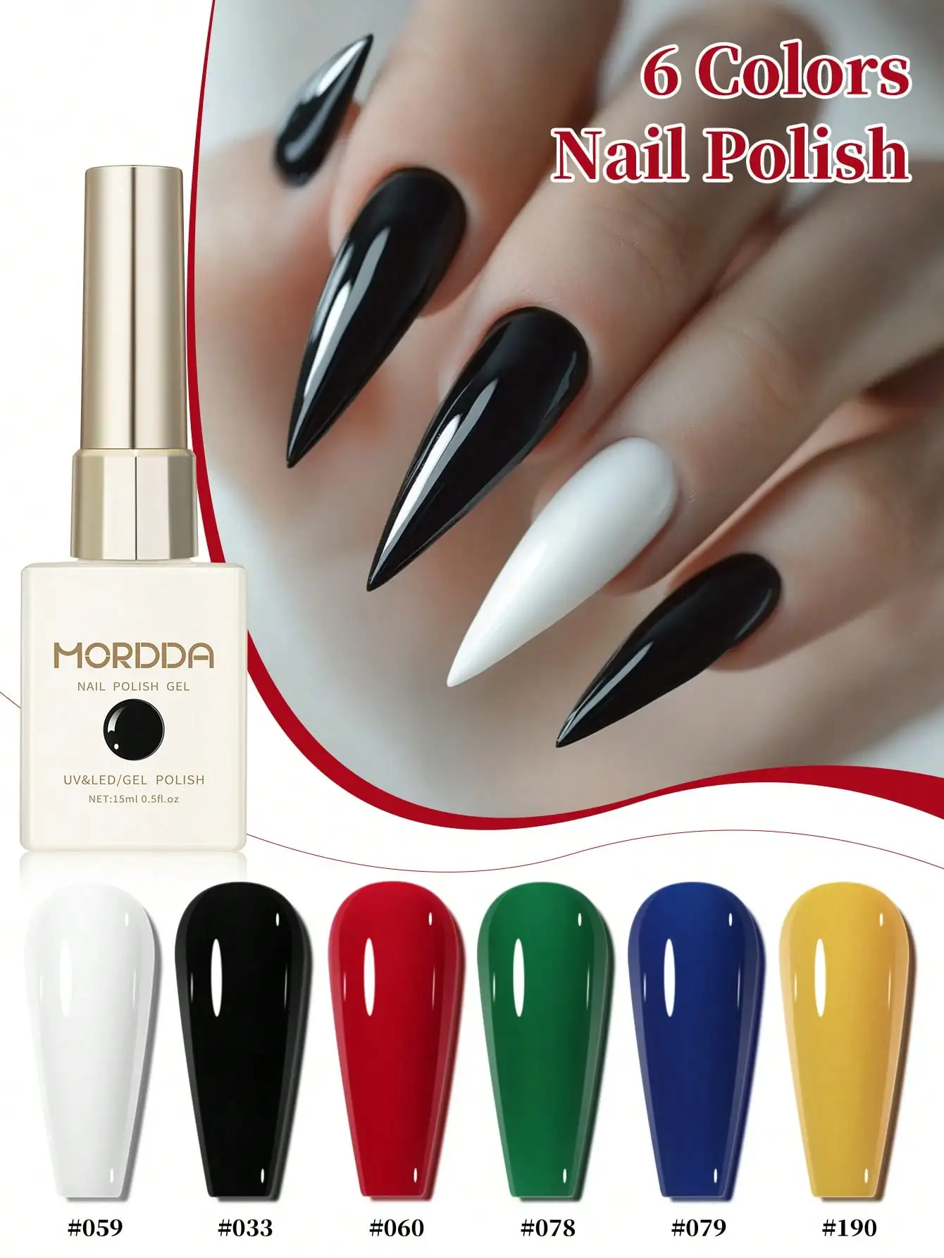 

MORDDA 6Pcs 15ml Classic Red Black White color Long-Lasting, High-Shine Gel Nail Polish for Salon-Quality Results at Home For