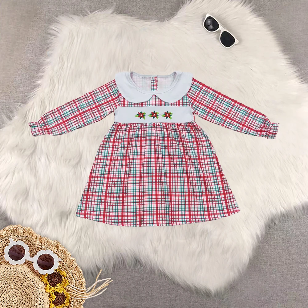 

8.21 Baby Girls Christmas Flowers Green Red Plaid Knee Length Dresses