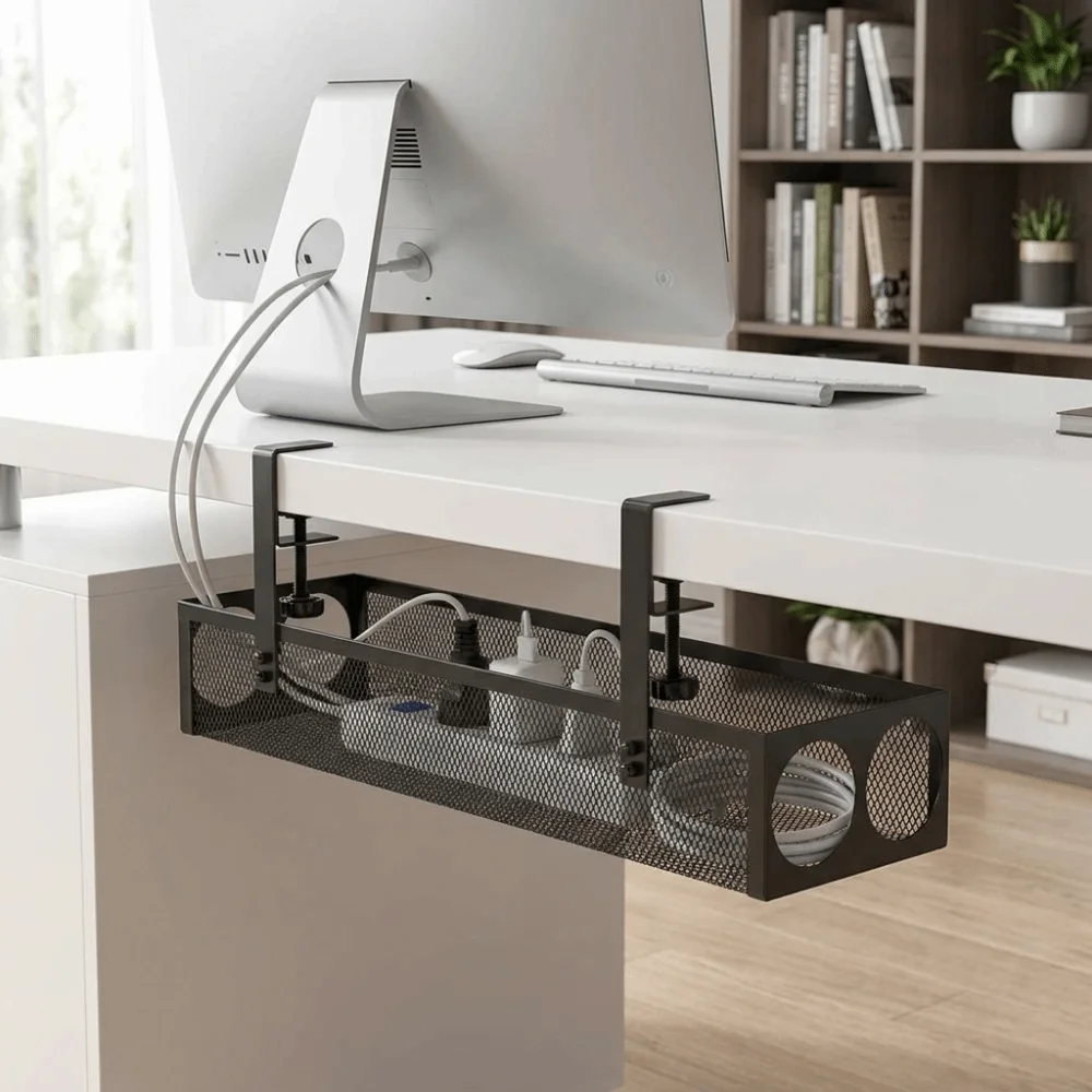Carbon Steel Under Desk Wire Management Tray Space Saving with Clamp Adjustable Cable Organizers No Drilling
