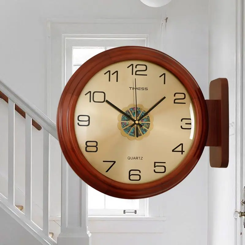 Wooden Double-sided Wall Clock Living Room Fashion Two-sided Clock Modern Silent Clock Corner Elegant Home Decoration Clocks