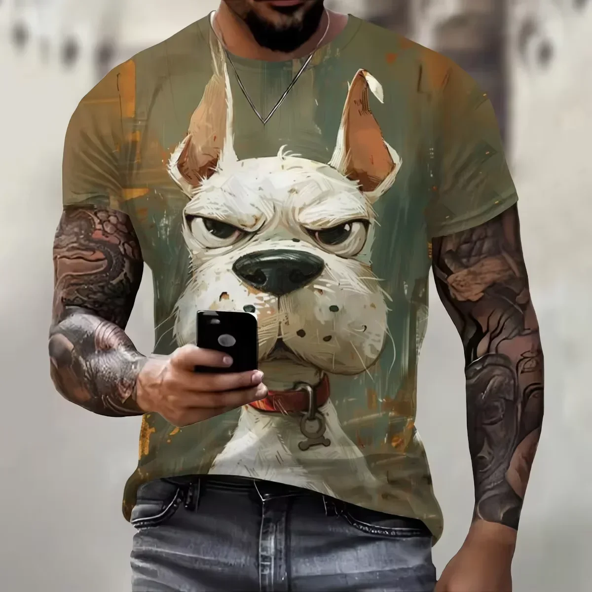 Fashion Men\'s T-shirt Dog Pattern 3D Printed Top Graffiti Street Trend Short Sleeve Plus Size Round Neck Men\'s Casual T-shirt