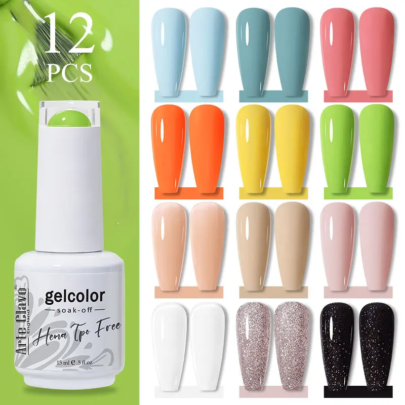 Arte Clavo HEMA TPO Free 15ml 12pcs Gel Nail Polish Set High Pigment Rainbow Varnish Color Palette For Salon Nail Art Design
