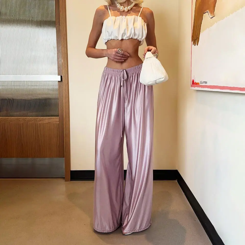 Summer New Women's Pink Satin Loose Wide Leg Pants Fashionable High Waisted Drawstring Casual Versatile Straight Leg Pants