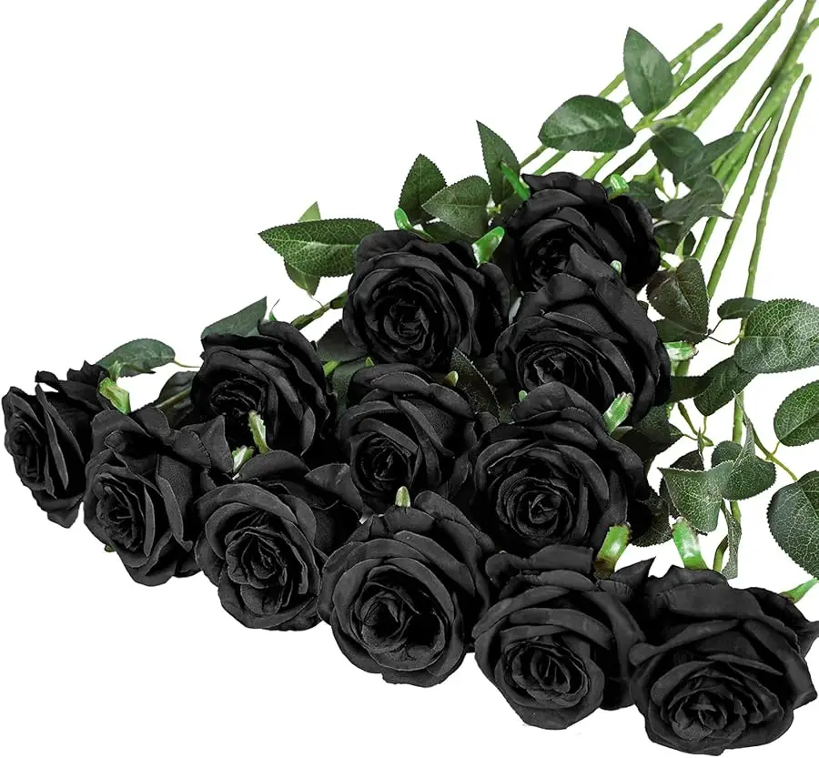 

12PCS Artificial Silk Flowers Realistic Roses Bouquet Long Stem for Home Wedding Decoration Party (12PCS-Black)