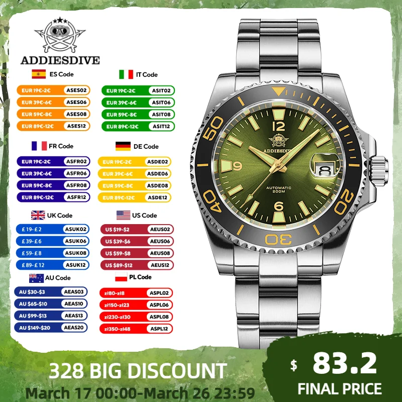 ADDIESDIVE Men's Watch NH35 Automatic Sapphire Glass Ceramic Bezel Mechanical Watches 200m Waterproof Luminous AD2085 Dive Watch