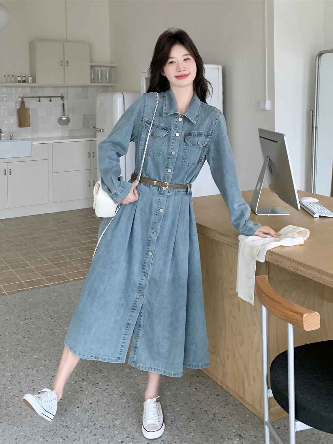Spring 2026 Women's Loose Fit Korean Style Denim Dress Light Blue Long A-Line Skirt Casual Slimming High Waist Spring Dress