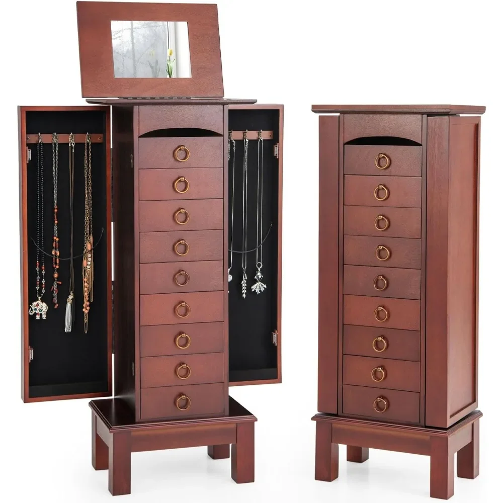 

Jewelry Cabinet Armoire with 9 Drawers, 2 Side Doors, 8 Necklace Hooks, Top Divided Storage Compartments