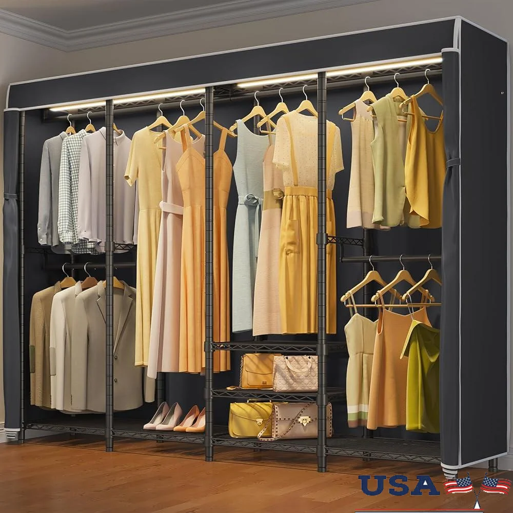 Large Portable Garment Rack with Adjustable Shelves Dimmable LED Lighting Zippered Dustproof Cover Easy to Assemble