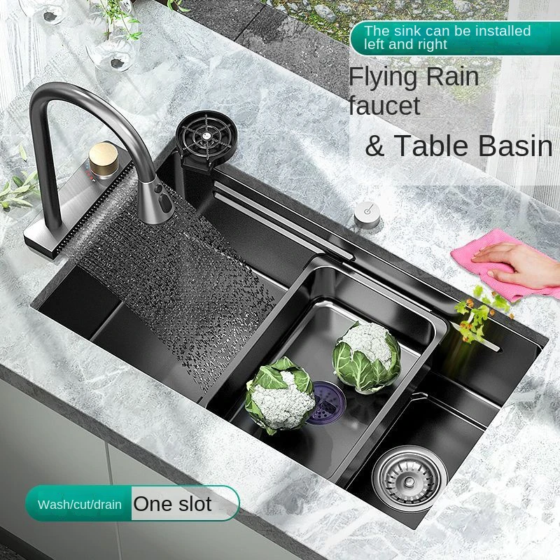 

Black Nano Stainless Steel Feiyu Waterfall Sink with Large Single Slot Handmade Kitchen Sink for Washing Vegetables and Dishes