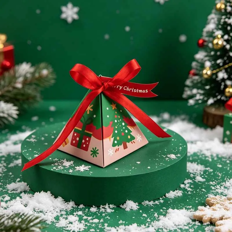 50Pcs Christmas Triangle Paper Candy Gift Box With Tag Ribbons Cookie Snack Chocolate Gift Packaging Box Xmas New Year Supplies