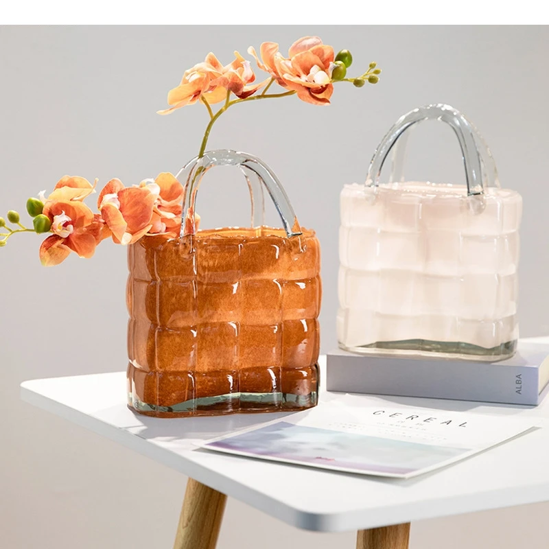Transparent Glass Handbag Vase Tabletop Flower Ware Arrangement Hydroponic Living Room Aesthetic Decoration