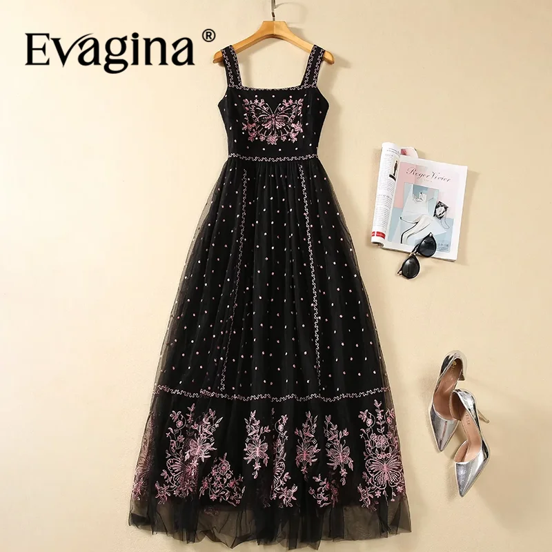 Evagina Fashion Design Summer Women's Dress Spaghetti Strap Backless Slim Mesh Embroidery Party Prom Black Dresses