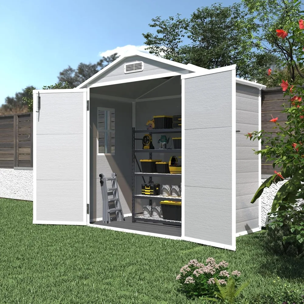 6x4ft Resin Shed with Floor, Plastic Sheds & Outdoor Storage Clearance with for Patio Furniture, Garden Tools,  and Lawn Mower