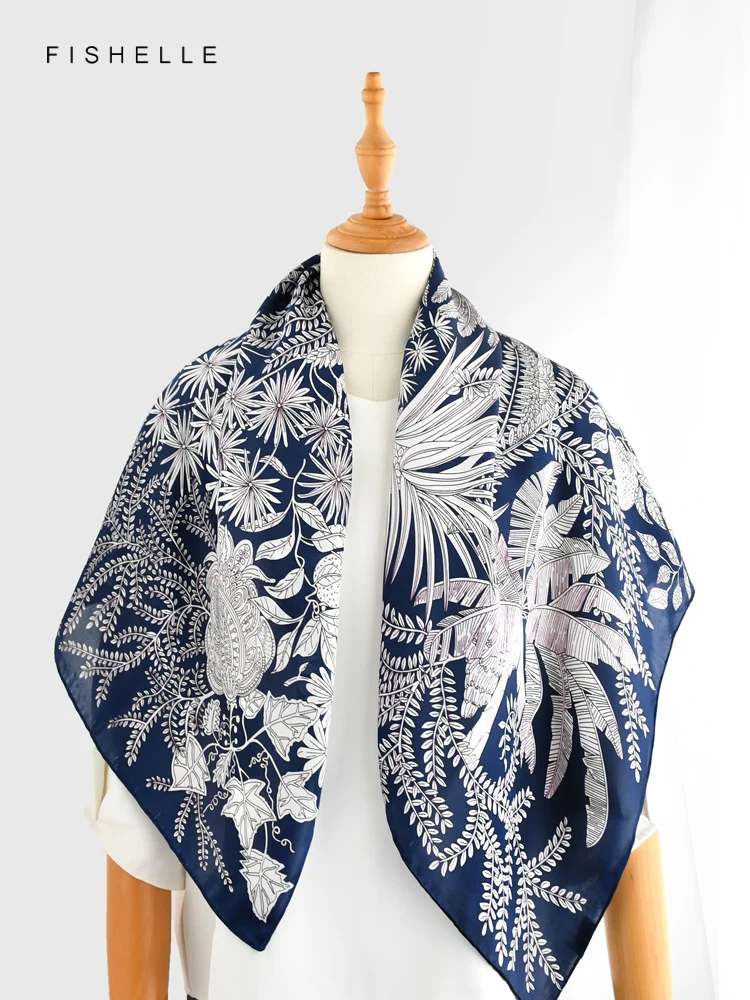 Deep blue tropical plants100% natural silk scarf square head scarves luxury gift women wrap bandana hijab shawl 90cm neckerchief