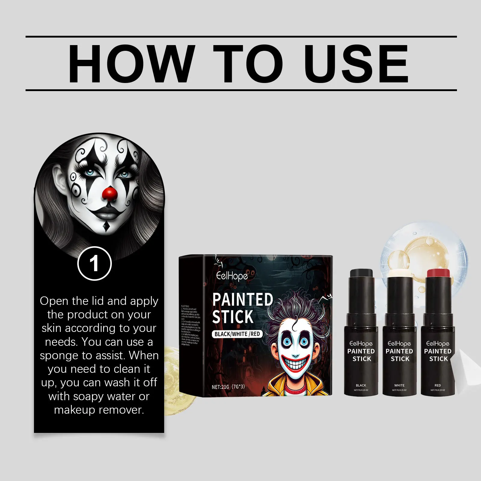 Juego de barras de pintura corporal para Halloween, cobertura completa de larga duración, resistente al agua, maquillaje negro, blanco y rojo, juego de maquillaje de pintura facial de payaso