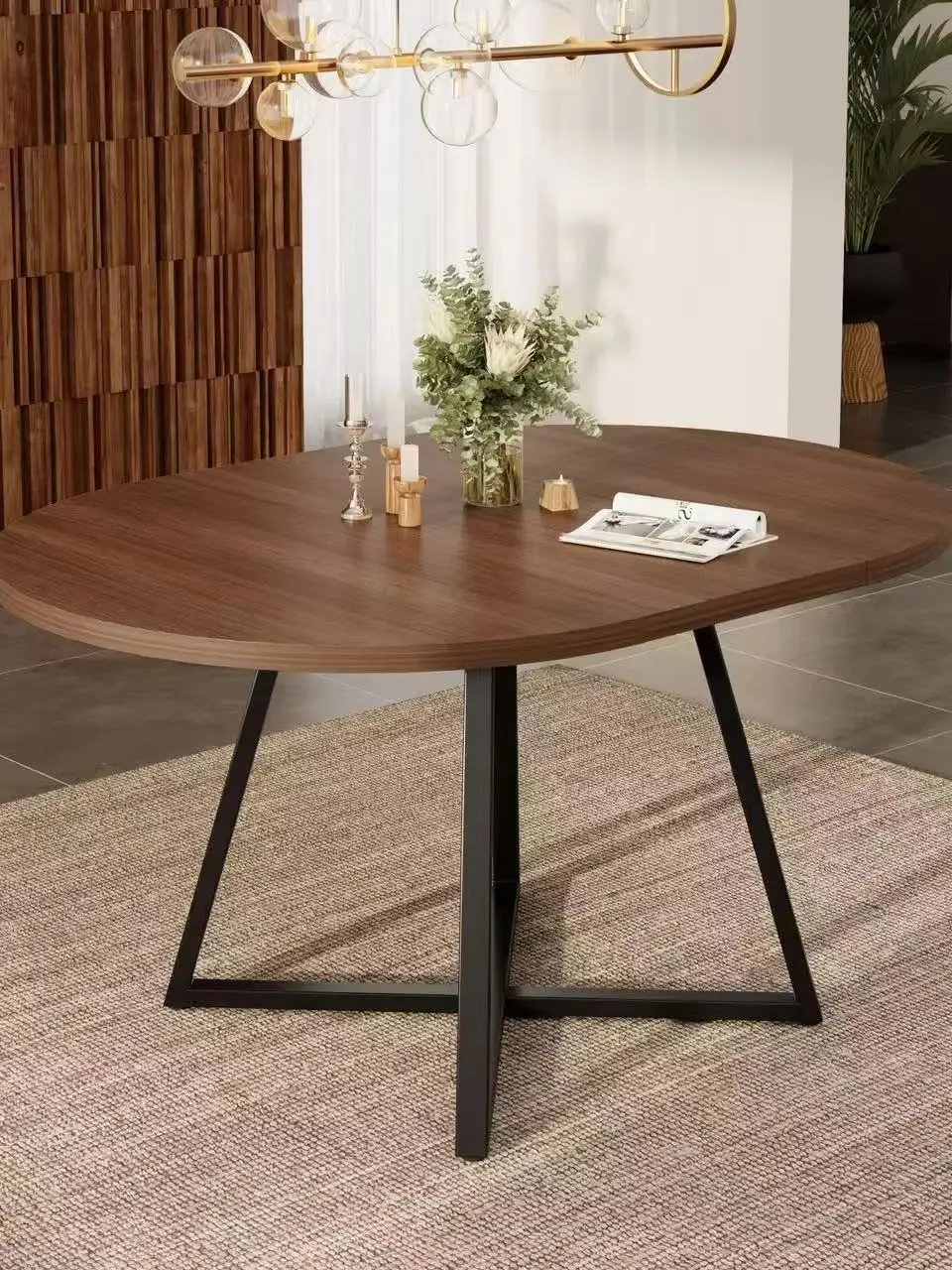 Ausziehbarer Esstisch 100/140x100 cm, runder Küchentisch für 4–6 Personen, 3 cm Tischplatte, Metallgestell, Walnussoptik, schlichtes Design