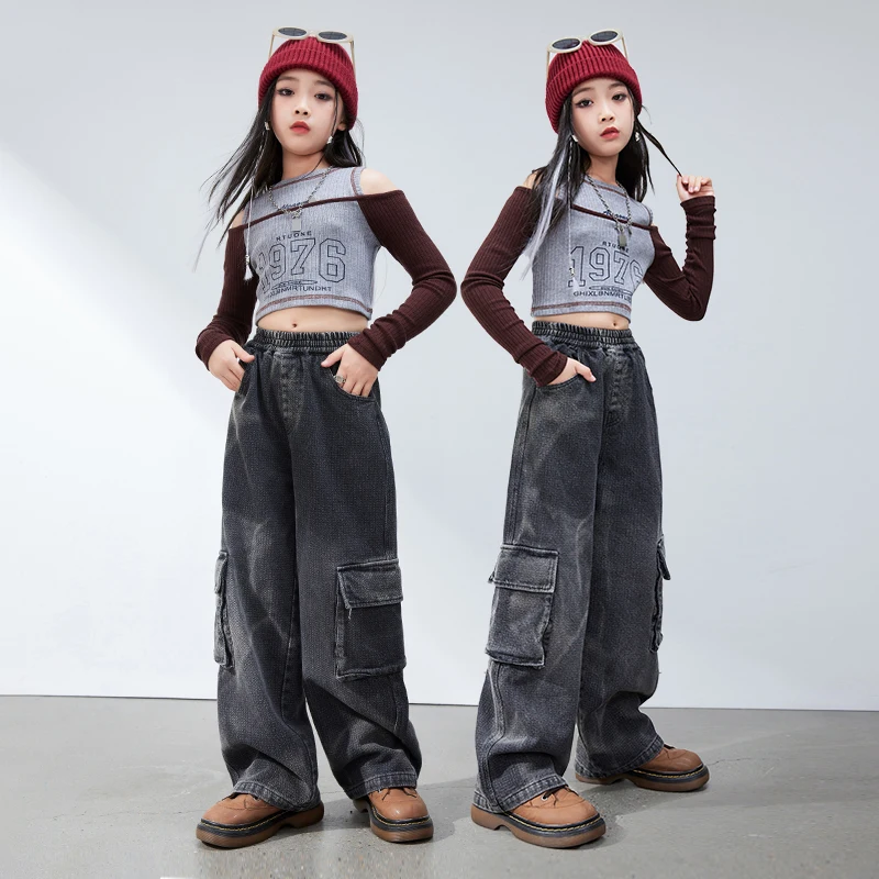 Girls Jazz Dance Clothes Long Sleeves Crop Tops Black Denim Pants Hip Hop Kids Performance Outfits Kpop Stage Costume BL12181