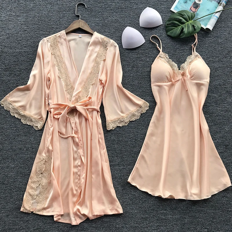 

2 Piece Women's Pajama Set V Neck Wedding Night Sleepwear Nightdress Robe Fashion Satin Home Sleepwear Lace Robe Pajama Set