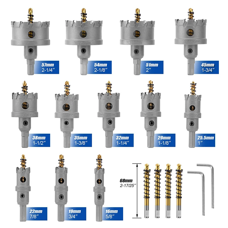 Carbide Hole Saw Kit for Hard Metal 16Pcs TCT 16-57mm Hole Cutter Set for High Precision Cutting of Stainless Steel Iron Copper