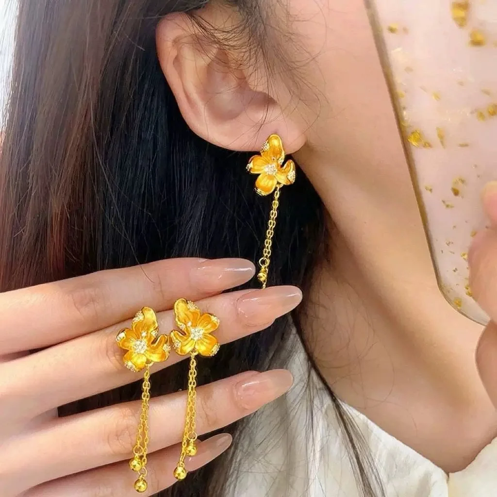 

Lace flower fringed earrings, gold-plated, light luxury, high-end earrings for women, engagement and wedding jewelry